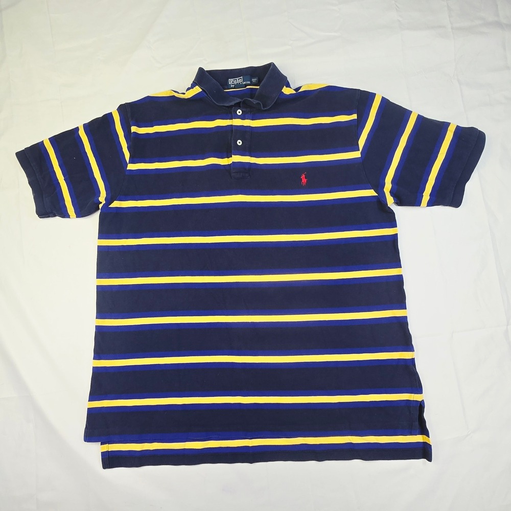 Polo Ralph Lauren Striped Polo Shirt Men's 2XLT Navy Blue Yellow Short Sleeve